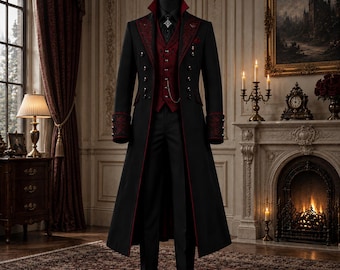 Men's Black Gothic Victorian Tailcoat Suit, Red Embroidered 3 Piece Vampire Frock Coat, Aristocrat Wedding and Steampunk Formal Outfit