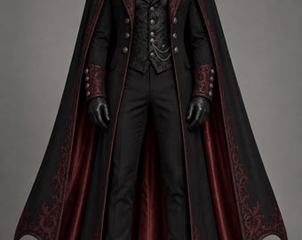 Dracula Vampire Cape Men, Gothic Halloween Costume, Black Red Embroidered Victorian Cloak, Aristocrat Lord Dark Royal Cosplay Party Outfit