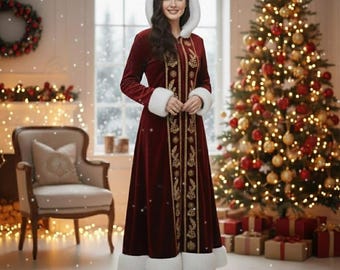 Ruby Red Velvet Christmas Coat for Women – Hooded Long Winter Coat with Gold Embroidery & White Faux Fur Trim, Holiday Festival Outfit Gift