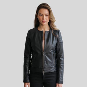 Women’s Black Genuine Leather Biker Jacket – Quilted Moto Style with Zipper Details | Real Lambskin Fashion Coat