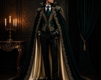 Men’s Emerald Green Embroidered Suit with Cape – Luxury Victorian Gothic Formal Wear, Gold Detailed Wedding Outfit, Regal Cosplay Costume