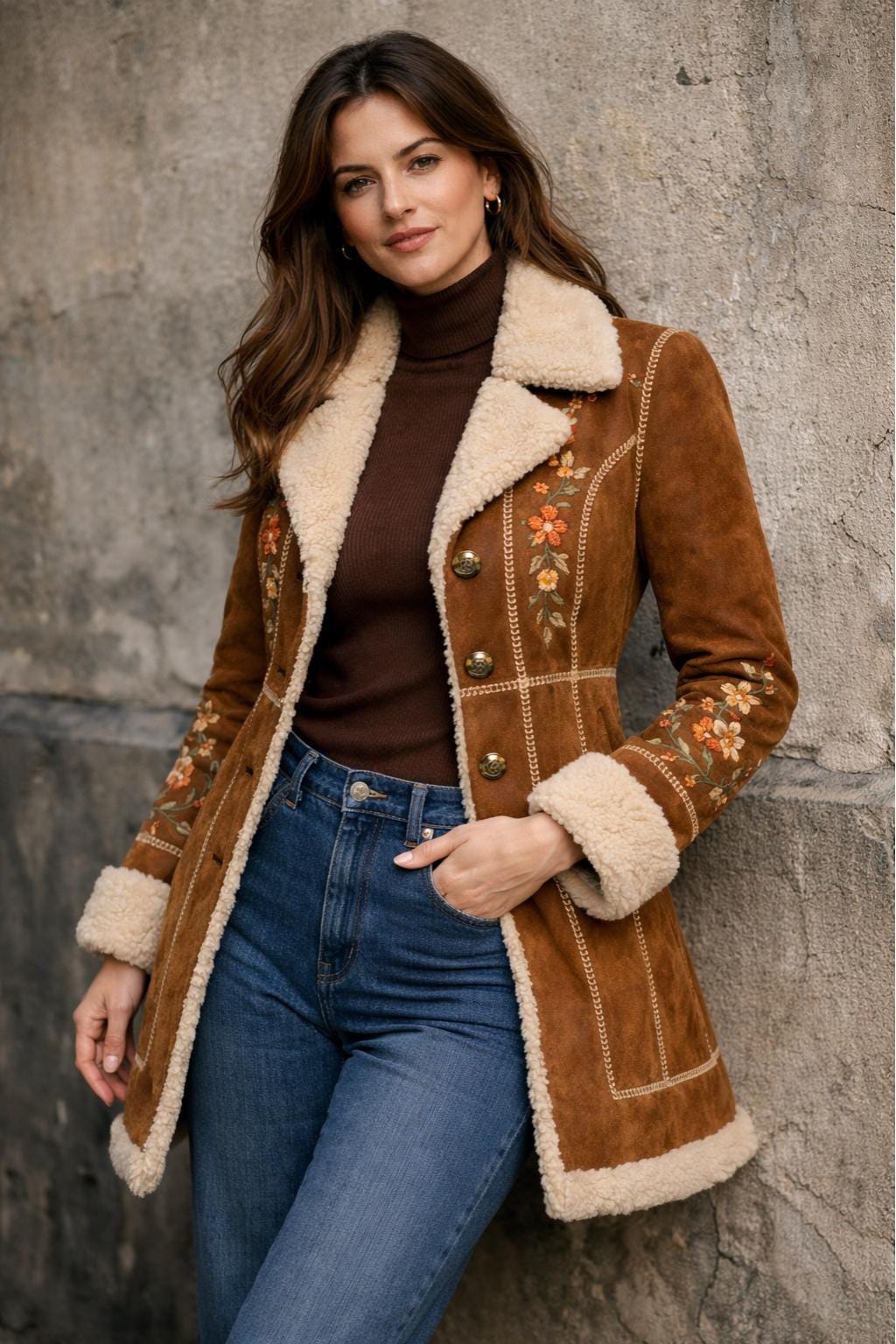 Vintage Brown Afghan Coat Women, Penny Lane Embroidered Suede