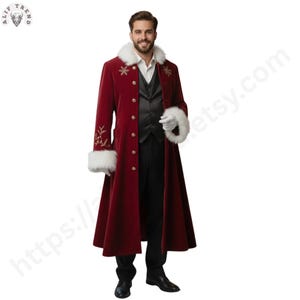 May include: A burgundy velvet coat with white faux fur trim on the collar and cuffs. The coat features gold buttons and embroidered snowflake details. The outfit includes a black vest, white gloves, and black pants.