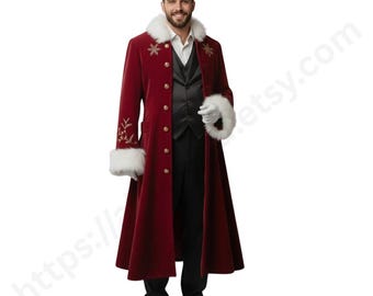 May include: A burgundy velvet coat with white faux fur trim on the collar and cuffs. The coat features gold buttons and embroidered snowflake details. The outfit includes a black vest, white gloves, and black pants.