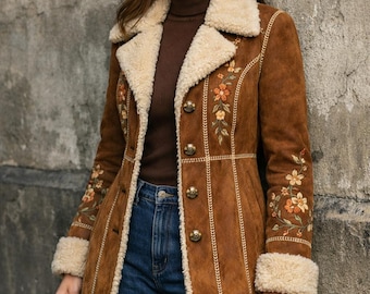 Brązowy płaszcz afgański w stylu vintage, damska kurtka zamszowa z haftem Penny Lane, zimowy płaszcz z kożucha w stylu boho z lat 70.