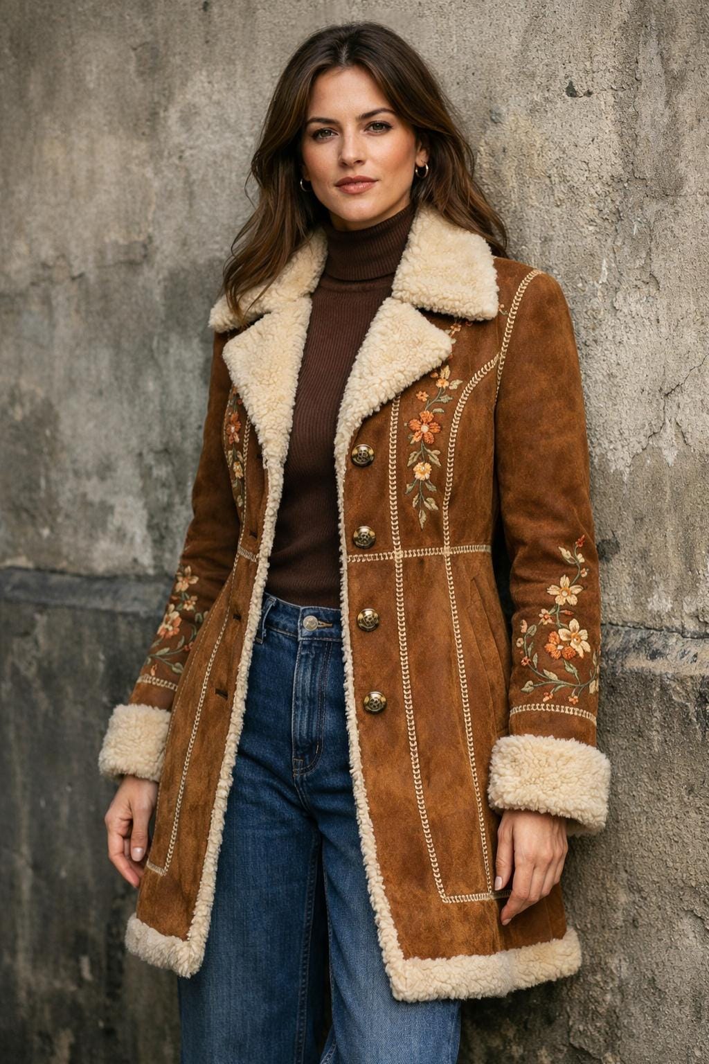 Vintage Brown Afghan Coat Women, Penny Lane Embroidered Suede