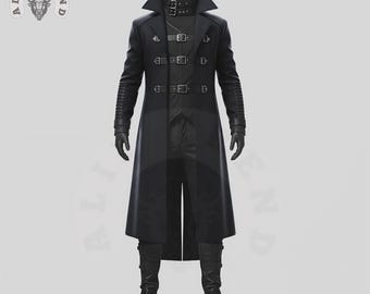 May include: A black long coat with multiple buckles, a high collar, and a matching choker. The coat features a tailored fit, long sleeves, and is paired with black gloves and boots. The coat has a gothic or steampunk aesthetic.