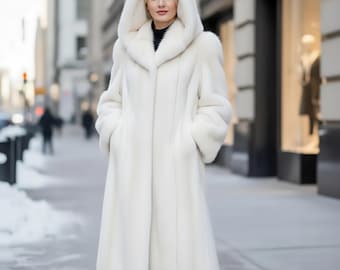 Luxury White Mink Faux Fur Hooded Coat, Vintage Style fur Overcoat, Winter Warm Coat for Womens, Warm handmade fur Coat, Long statement coat