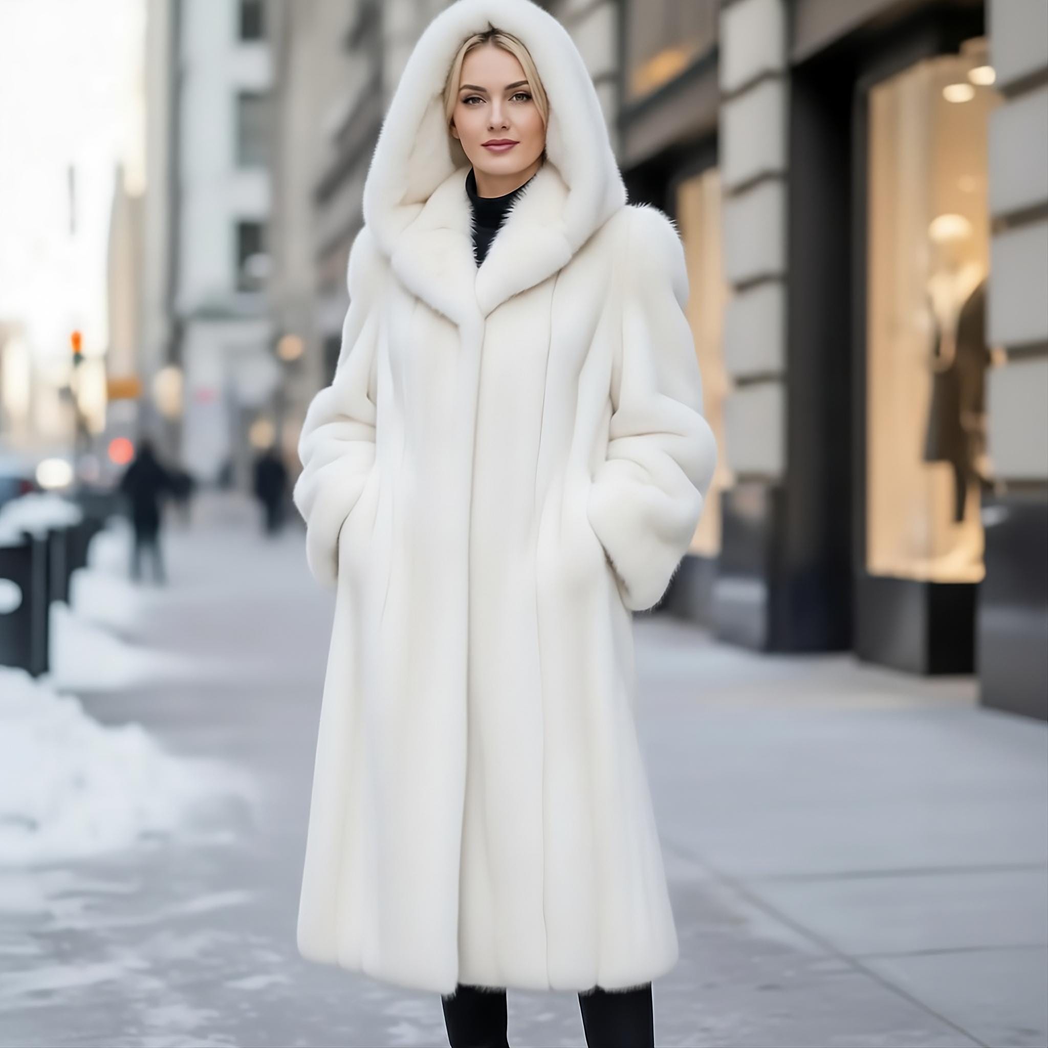 高級ホワイトミンクフェイクファーフード付きコート、ヴィンテージ