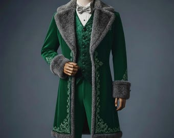 May include: A green velvet suit with a long coat featuring gray faux fur trim on the collar, cuffs, and edges. The suit includes a vest, pants, and a bow tie. The coat has embroidered detailing.