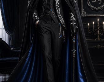 Black Royal Gothic Cape Coat for Men, Victorian Embroidered Cloak, Aristocrat Wedding Suit, Vampire Prince Outfit
