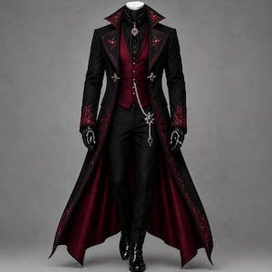 Men’s Gothic vampire coat in rich black textured fabric, featuring intricate red embroidery, a dramatic Victorian high collar, structured shoulders, fitted waist and long flowing tails. This Dracula-style dark aristocrat coat is ideal for Halloween cosplay, masquerade parties, gothic weddings, stage performances and steampunk events.
