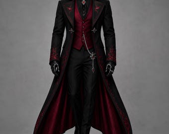Men's Gothic Vampire Coat, Dracula Style Victorian Tailcoat, Dark Aristocrat Steampunk Longcoat, Halloween Masquerade Cosplay Costume