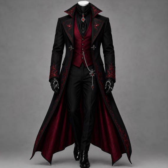 Men's Gothic Vampire Coat, Dracula Style Victorian Tailcoat, Dark Aristocrat Steampunk Longcoat, Halloween Masquerade Cosplay Costume