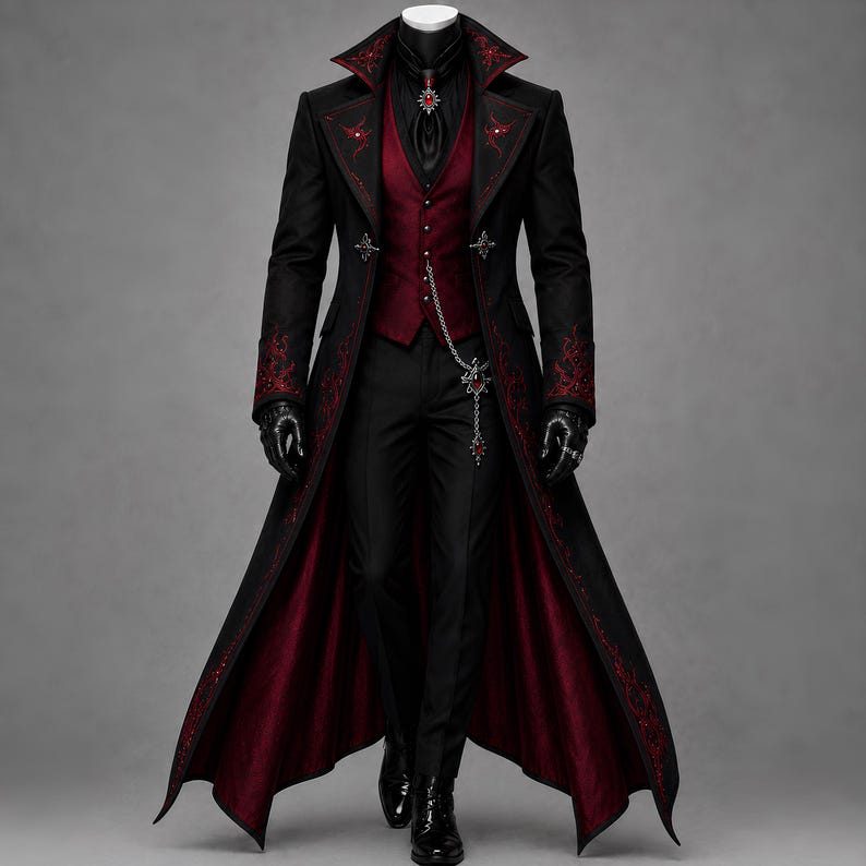 Men’s Gothic vampire coat in rich black textured fabric, featuring intricate red embroidery, a dramatic Victorian high collar, structured shoulders, fitted waist and long flowing tails. This Dracula-style dark aristocrat coat is ideal for Halloween cosplay, masquerade parties, gothic weddings, stage performances and steampunk events.