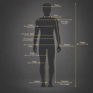 May include: A dark gray silhouette of a human figure against a dark background, featuring yellow arrows and text labels indicating body measurements including head, neck, shoulder, chest, belly, waist, hips, thigh, knee, inseam, sleeves, and height.