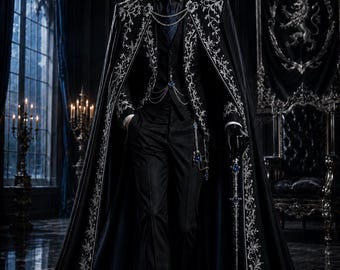 Black Royal Gothic Cape Coat for Men, Victorian Embroidered Cloak, Aristocrat Wedding Suit, Vampire Prince Outfit