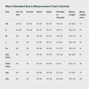 May include: A standard size and measurement chart in inches for clothing, featuring rows for sizes XS through 5XL. Columns include US/UK size, EU size, chest, waist, shoulder to shoulder, sleeve length, and bicep measurements in inches.