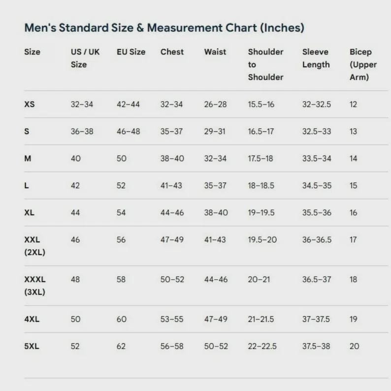 May include: A standard size and measurement chart in inches for clothing, featuring rows for sizes XS through 5XL. Columns include US/UK size, EU size, chest, waist, shoulder to shoulder, sleeve length, and bicep measurements in inches.