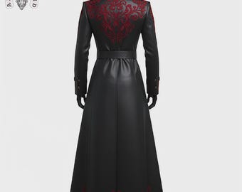 Black Leather Gothic Vampire Trench Coat: Men's Steampunk Cosplay Jacket