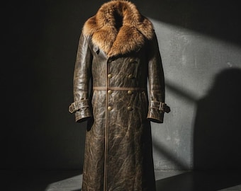 Cappotto lungo da uomo in vera pelle di vacchetta e pelliccia – Cappotto militare vintage verde scuro in stile militare – Giacca invernale di lusso per cosplay