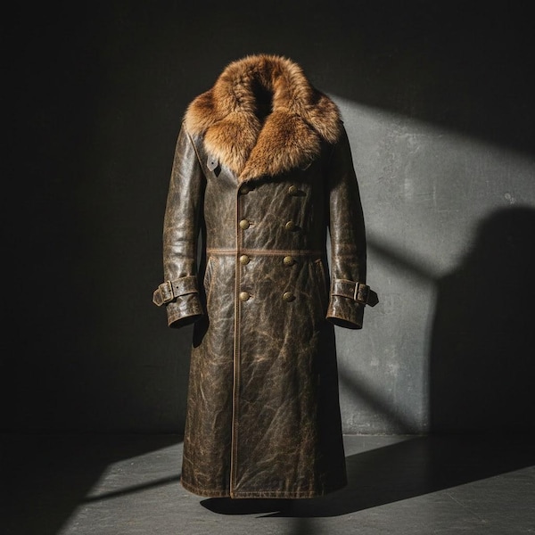 Pardessus long en cuir de vachette véritable pour homme - Pardessus vintage de style militaire vert armée foncé - Veste cosplay d'hiver de luxe