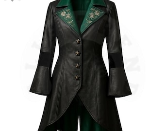 Green Leather Trench Coat - Handmade Steampunk Gothic Overcoat