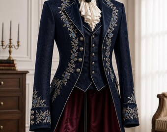 Men's Blue Gothic Victorian Tailcoat, Embroidered Steampunk Wedding Coat, Vampire Groom Tuxedo, Victorian Frock Coat, Gothic Jacket