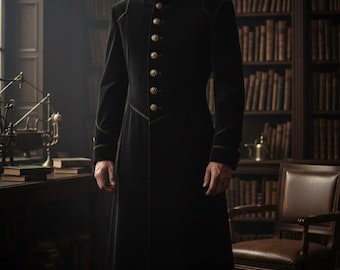Mens Handmade Black Velvet Long Coat, Victorian Military Style