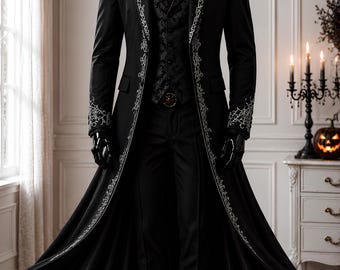 Men's Halloween Victorian Gothic Tailcoat – Black Steampunk Vampire Frock Coat, Silver Embroidered Aristocrat Costume, Gothic Wedding Jacket