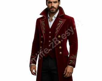 Men’s Gothic Velvet Steampunk Coat: Embroidered Victorian Tailcoat