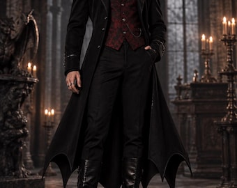 Men’s Gothic Vampire Tailcoat Costume, Victorian Halloween Outfit, Black Red Steampunk Coat, Dark Fantasy Cosplay Vampire Costume