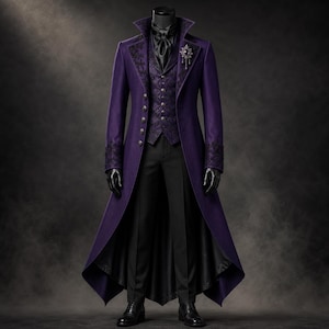May include: A deep purple long coat with a high collar, black lapel embroidery, and a matching purple patterned vest. The ensemble includes a black cravat with a silver star-shaped brooch, black trousers, and black gloves, displayed on a mannequin.