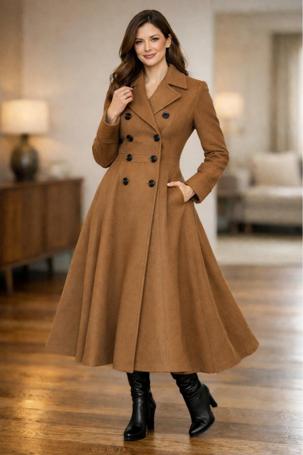 Brown Long Wool Swing Coat for Women, Fit & Flare Military Style