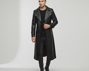 Gothic Schwarz Leder Vampir Trenchcoat: Roter Drache Stickerei Steampunk Mantel