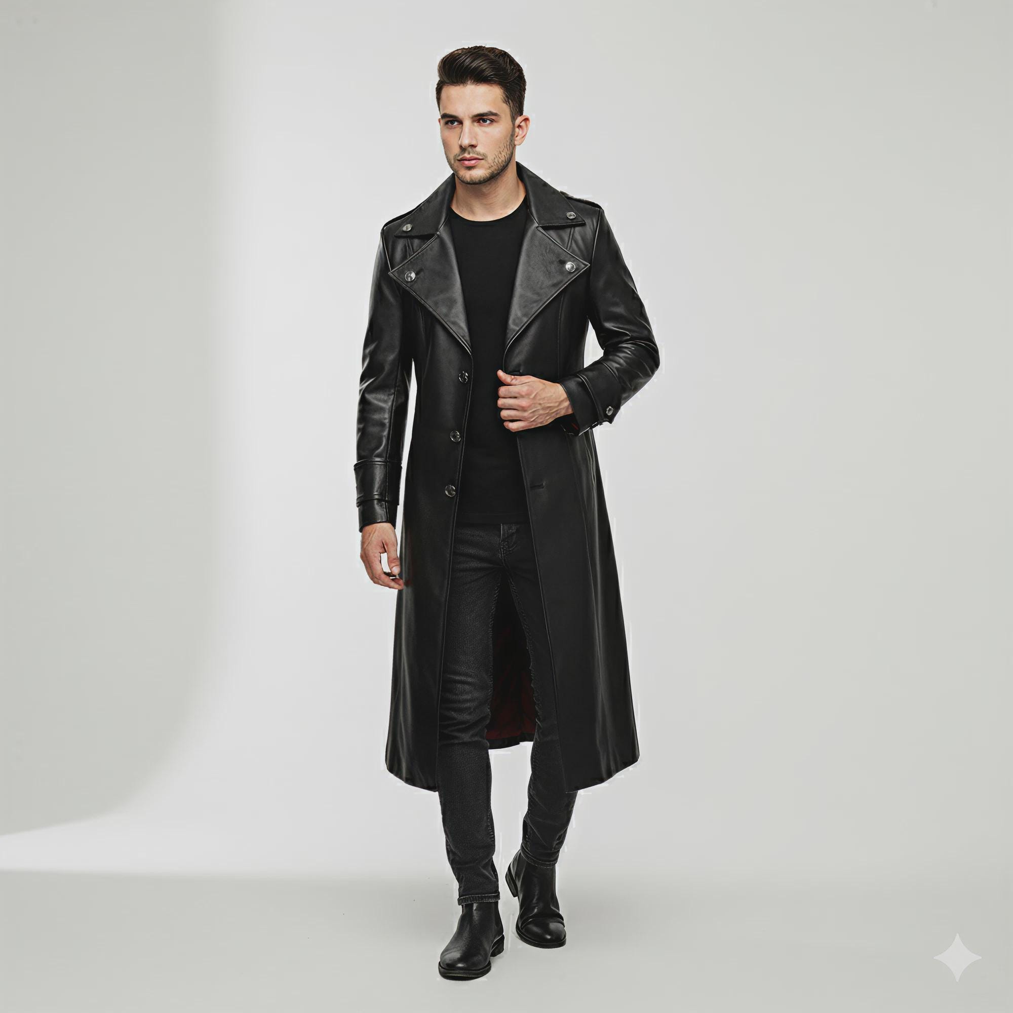 Gothic Black Leather Vampire Trench Coat: Red Dragon Embroidery