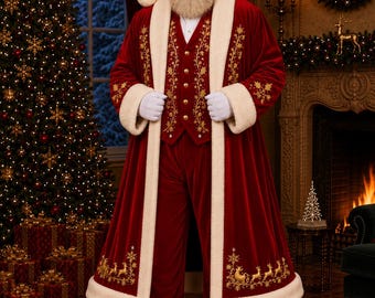 Royal Santa Claus Costume Men Christmas Cosplay Red Velvet Coat Gold Embroidery Plush Fur Trim Luxury Father Christmas Santa Outfit Set