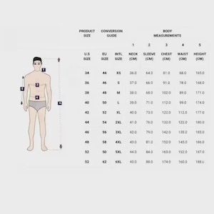 May include: A size conversion guide for clothing, featuring a diagram of a person with measurement points. The chart includes U.S., EU, and international sizes, along with neck, sleeve, chest, waist, and height measurements in centimeters.