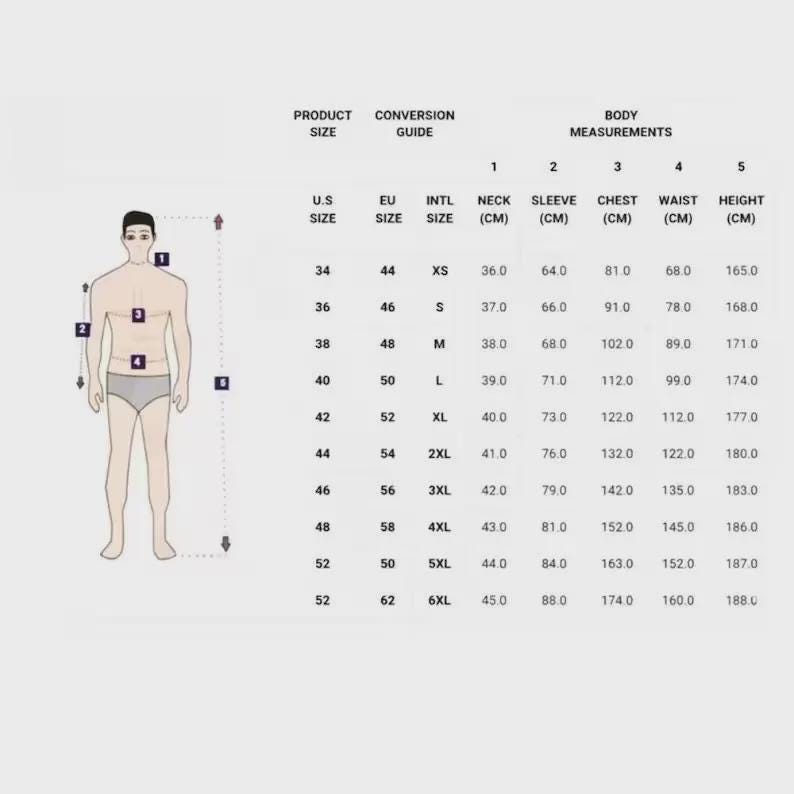 May include: A size conversion guide for clothing, featuring a diagram of a person with measurement points. The chart includes U.S., EU, and international sizes, along with neck, sleeve, chest, waist, and height measurements in centimeters.