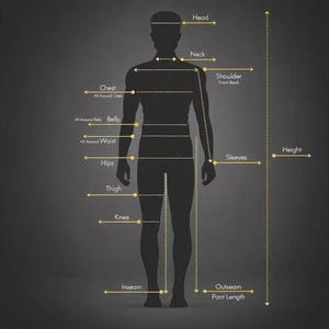 May include: A dark gray silhouette of a human figure against a dark background, featuring yellow arrows and text labels indicating body measurements including head, neck, shoulder, chest, belly, waist, hips, thigh, knee, inseam, sleeves, height, and outseam.