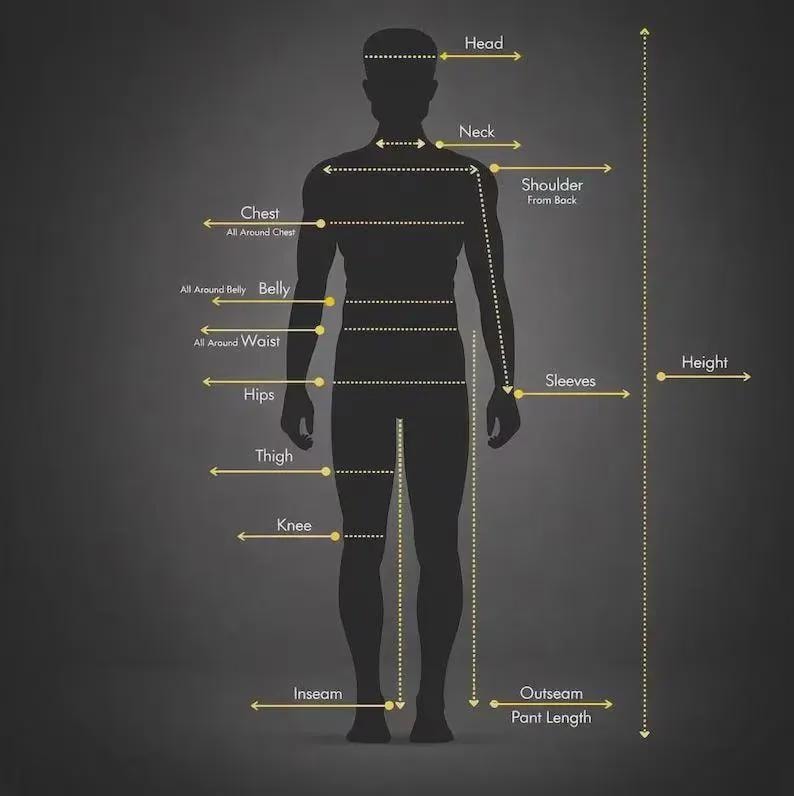 May include: A dark gray silhouette of a human figure against a dark background, featuring yellow arrows and text labels indicating body measurements including head, neck, shoulder, chest, belly, waist, hips, thigh, knee, inseam, sleeves, height, and outseam.