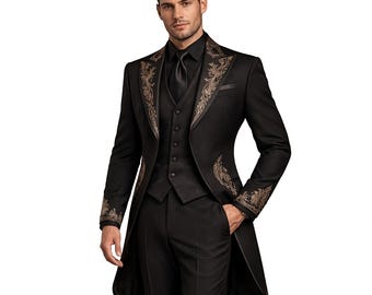 Gothic Vampir Tailcoat Baumwolle - Viktorianischer Bestickter langer Mantel für Winter, schwarzer Steampunk Mantel, handgefertigter Gothic Kostüm Mantel