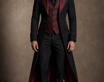 Men’s Gothic Victorian Tailcoat Costume, Black Burgundy Steampunk Tuxedo Jacket, Vampire Cosplay Formal Wedding Coat for Men Halloween Party