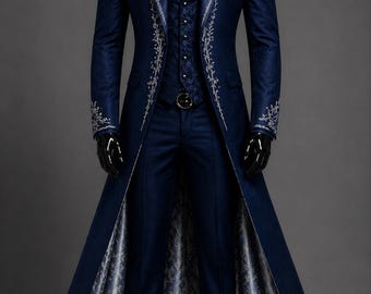 Gothic Vampire Coat Dracula Style Victorian Goth Suit, Dark Aristocrat Jacket, Steampunk Blue Wedding Dress, Masquerade Coat for Men Cosplay