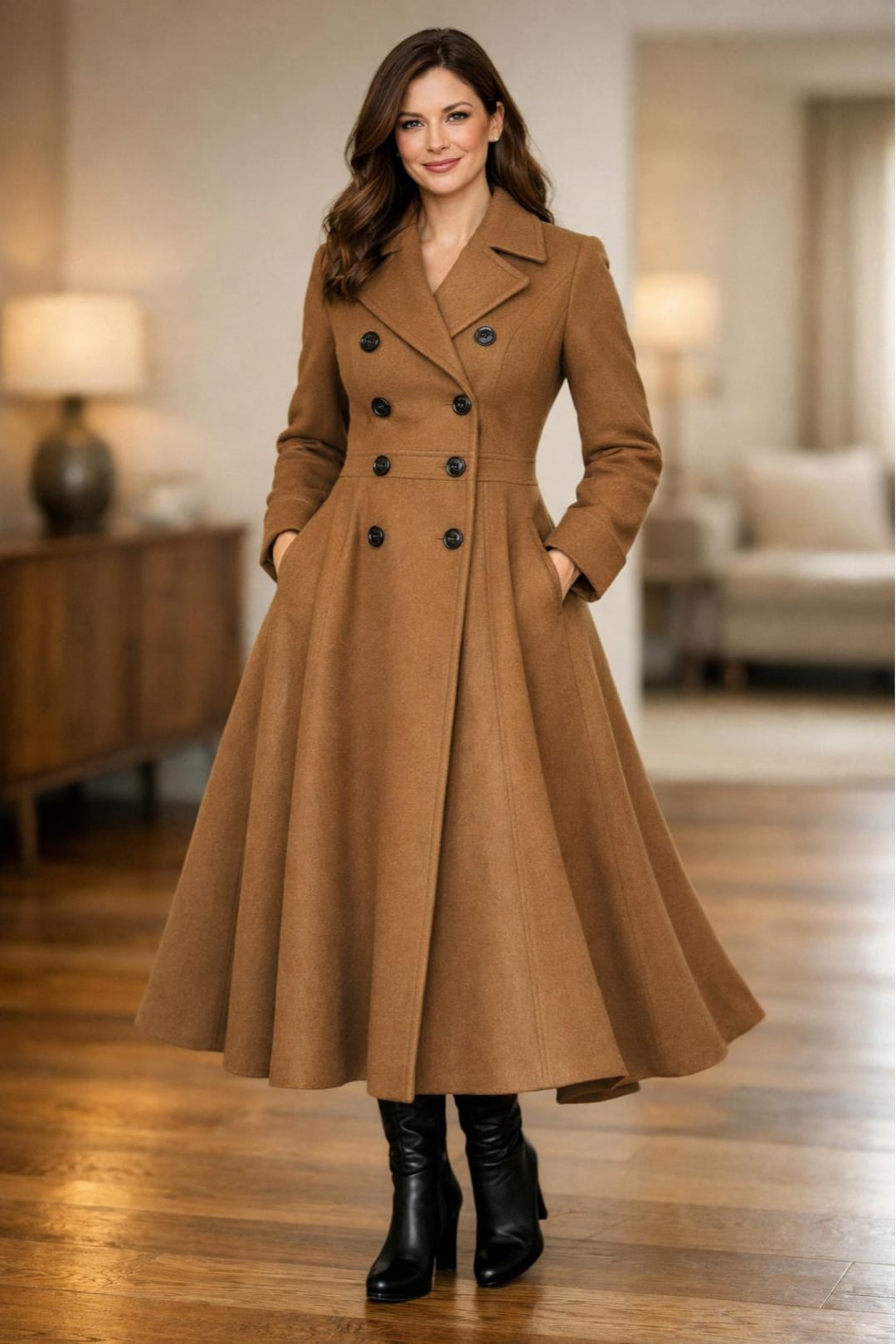 Brown Long Wool Swing Coat for Women, Fit & Flare Military Style