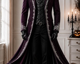Men's Halloween Victorian Gothic Tailcoat – Black Steampunk Vampire Frock Coat, Silver Embroidered Aristocrat Costume, Gothic Wedding Jacket