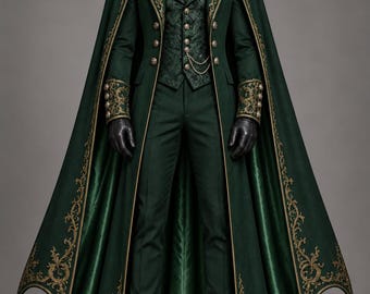 Vampire Lord Cape Men, Gothic Halloween Costume, Green Gold Embroidered Victorian Cloak, Dark Aristocrat Dracula Cosplay Party Outfit