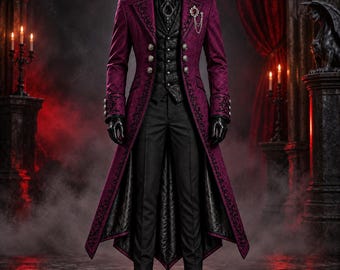 Mens Gothic Vampire Tailcoat, Victorian Dracula Coat, Steampunk Frock Jacket, Halloween Cosplay Costume, Gothic Wedding Suit