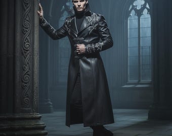 May include: A long, black leather coat with intricate white embroidery on the shoulders and cuffs. The coat features a high collar and a button-down front. The person is wearing black pants and boots, standing in a gothic-style room with arched windows.