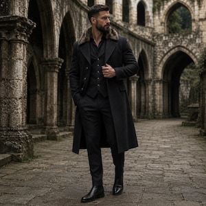 Viking wedding dress For Men, Medieval Long Coat With Faux Fur Collar Cape, Victorian Gothic Coat, Mens viking wedding attire, Gift For Him image 3